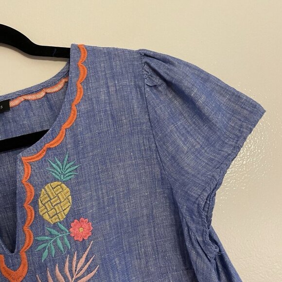 Talbots Women S Blue Linen Cotton Tropical Floral Embroidered Split Neck Top - Picture 6 of 11